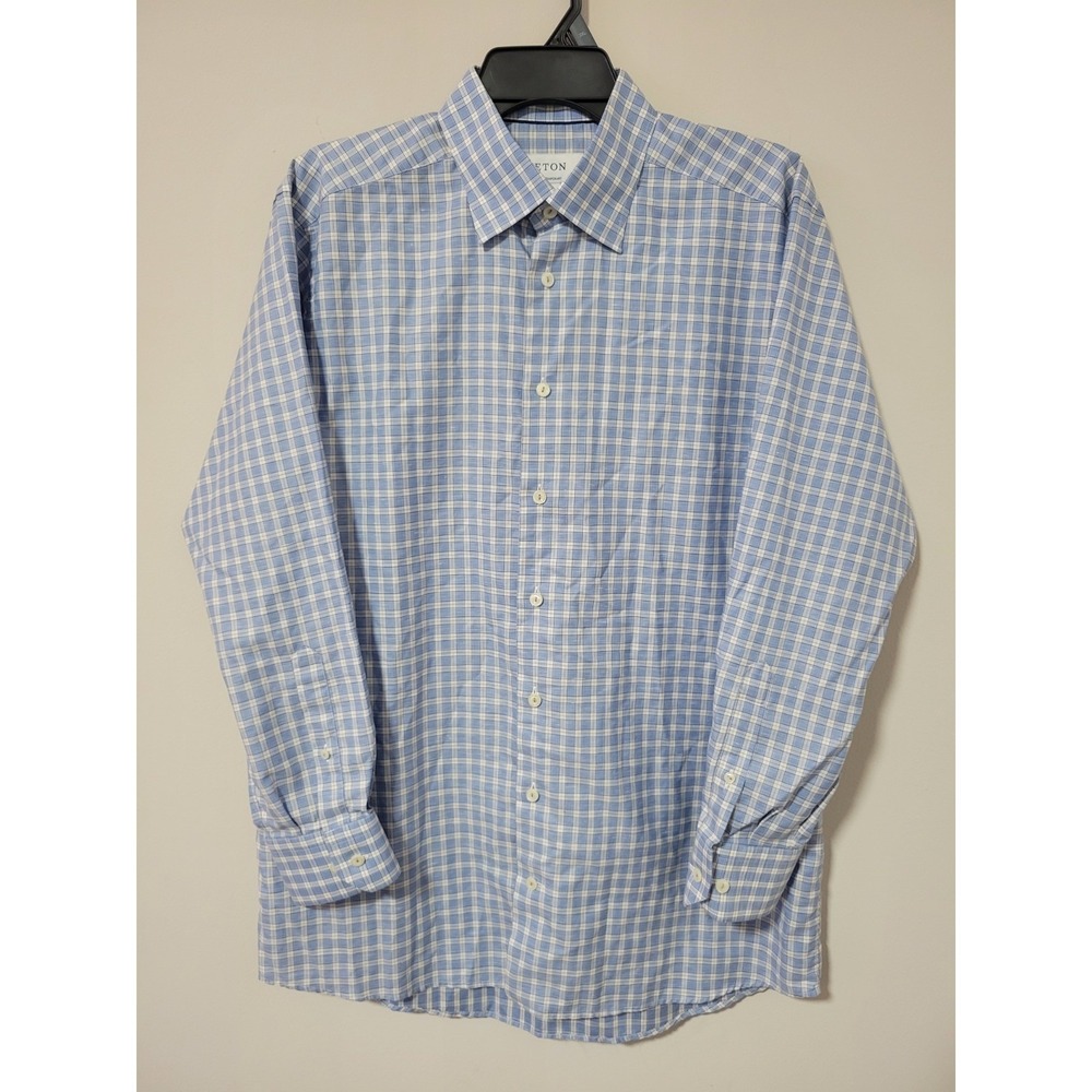 Eton Contemporary Dress Shirt Men 16.5 42 Large Blue Check Linen Luxury